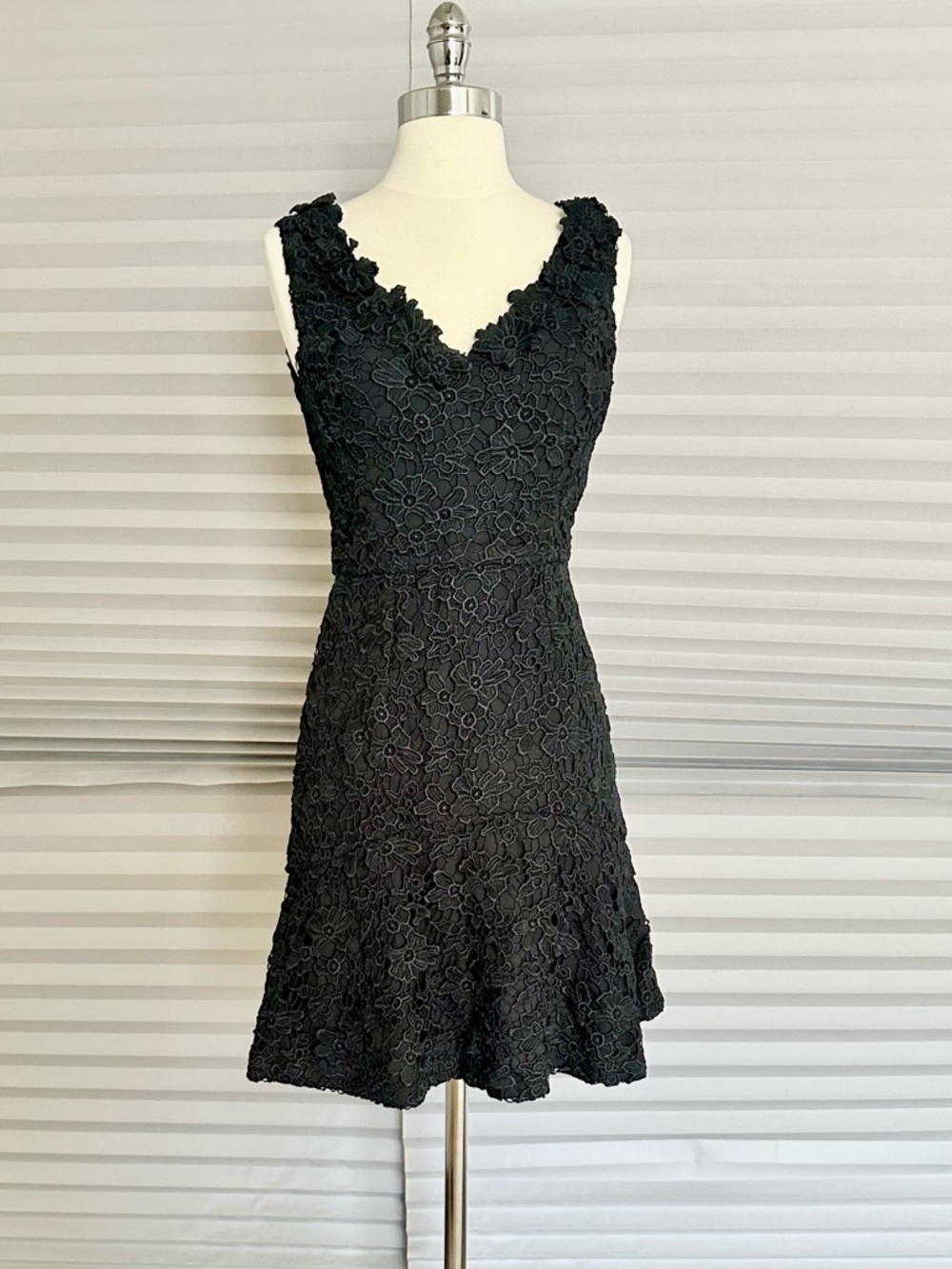 French Connection Black Floral Lace V-Neck Mini Dress